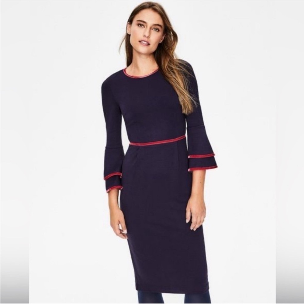 Boden Navy Long Sleeve Dress with Red Trim